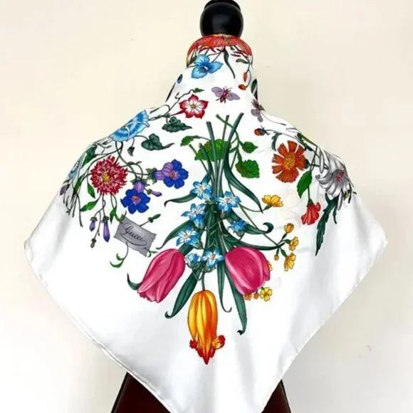 GUCCI SILK SCARF FLOWER PRINT GG LOGO FLORAL WHITE MULTICOLOR WRAP - Picture 10 of 11
